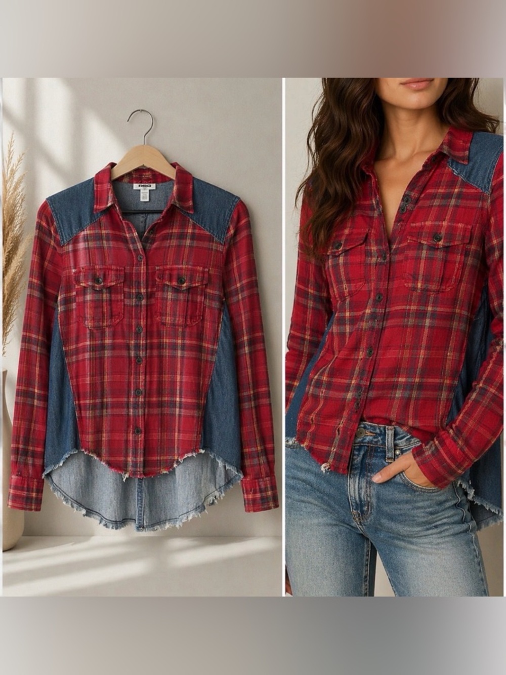 Free People Red Plaid Denim Contrast Button Down Top | XS Western Hi-Low Shirt